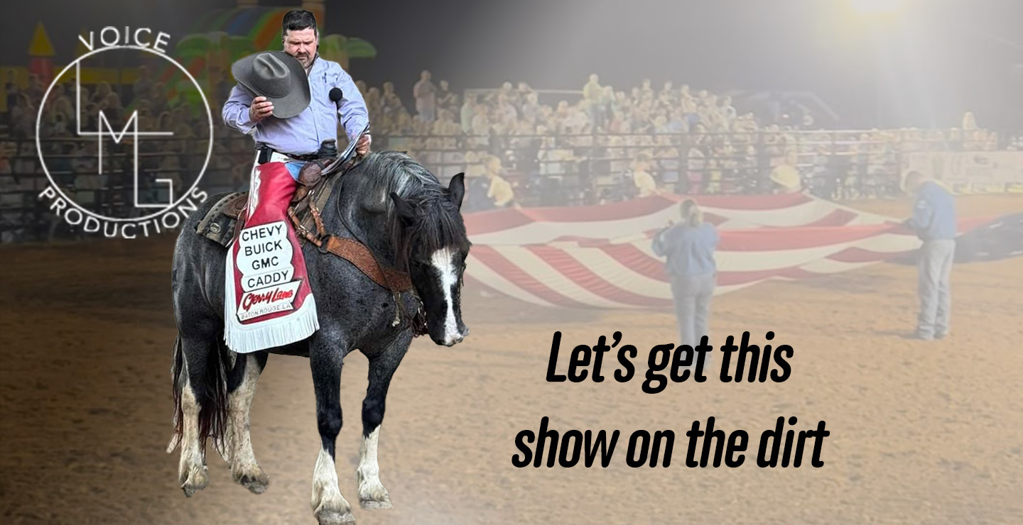 Mack Ginn rodeo announcer is riding a black horse with four white socks superimposed over a rodeo scene where people are celebrating America by folding the American Flag